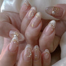 24Pcs Almond Pure Handmade Press On Nails Full Cover Butterfly French Pearl Diamond False Nails Wearable Manicure Nail Tips Art
