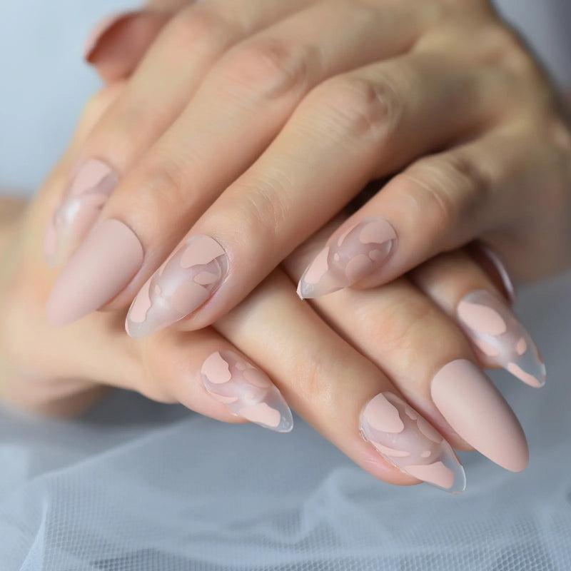 Almond Shape Fake Nails Medium Length Clear Tips False Nails Press On Manicure Ballerina Shade Matte New York Pink Nails Art