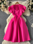 Women Elegant Ruffles Dress Summer Short Sleeve A Line Vintage Dresses Ladies Casual Solid Party Dress
