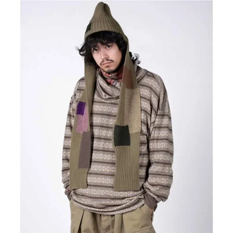 Casual Neckerchief Autumn and Winter Warm Two in One Patch Knitted Cold Hat Scarf