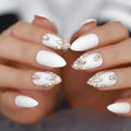 White acrylic nails with rhinestone accents on a blurred background ,Obroi