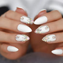 White acrylic nails with rhinestone accents on a blurred background ,Obroi
