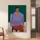 Framed artwork of a person with a parrot on a wall in a room, Obroi