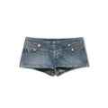 Denim shorts with pearl buttons on a white background, Obroi