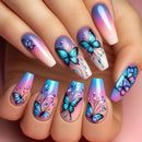 Nails with butterfly designs and gradient colors on a hand, Obroi