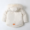 White puffer jacket with fur hood on a light gray background, Obroi
