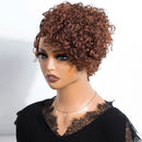 Mannequin head with a brown curly wig on a white background