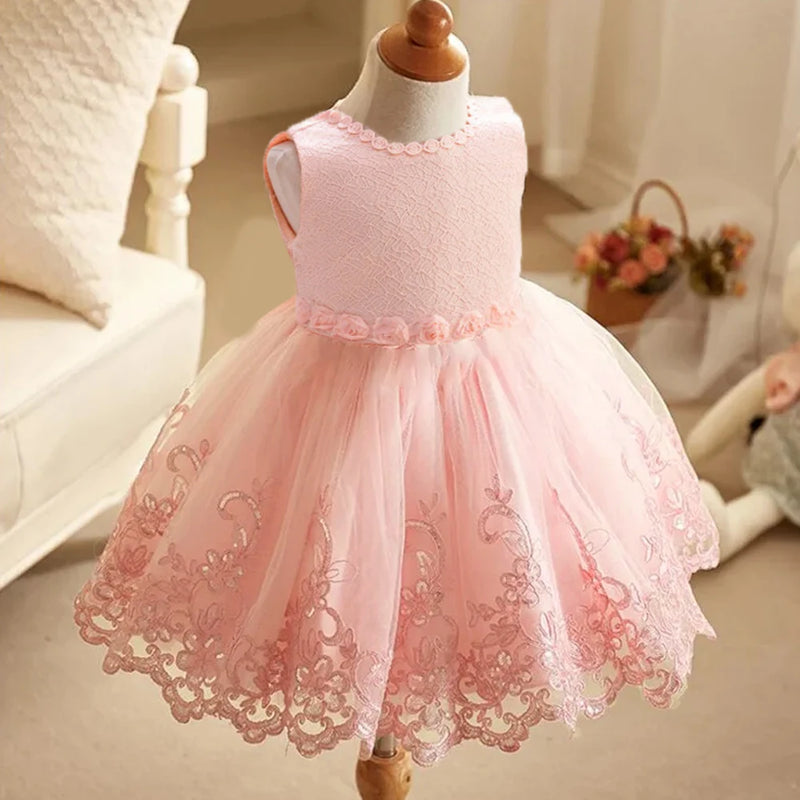 Flower Girl Wedding Party Dress Toddler Girls Birthday Princess Dresses Kids Pink Embroidery Gown Baby Pleated