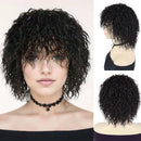 Black curly wig displayed on a mannequin head and a person, Obroi