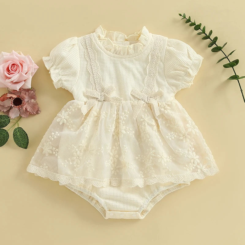 Summer Infant Baby Girl Princess Bodysuit Dress Short Puff Sleeve Bow Lace Jumpsuit Clothes