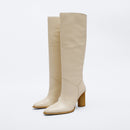Women Winter Genuine Leather Knee High Boots Lady Pointed Toe High Heels Shoes