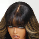 13x4 Lace Frontal Balayage Highlight Loose Wave Wig With Wispy Bangs Human Hair Glueless Wigs