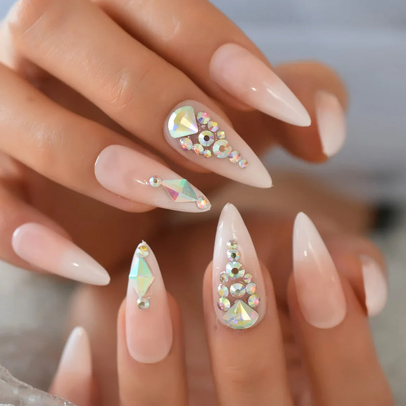 Metallic Stone Faux Ongles Gray Rhinestones Decorative Extra Long Ballerina Designed Tips for Lady