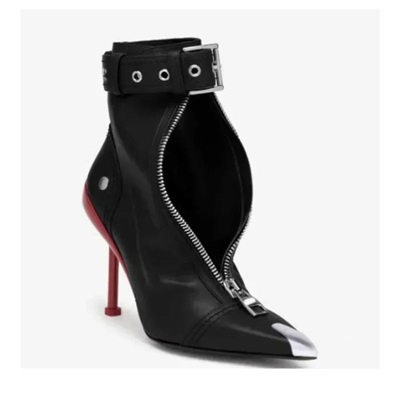 Short Boots Women's Autumn Winter Pointed Metal Decoration Red High Heels Ankle Boots