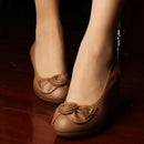 Women Genuine Leather Shoes Wedges Comfortable Shoes Bow Black Shoes Elegant Ladies