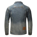 Men Rivet Denim Jacket Casual Biker Coat Stand Collar Gradient Color Retro Outerwear
