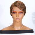 Mannequin head with a short brown wig on a white background, Obroi