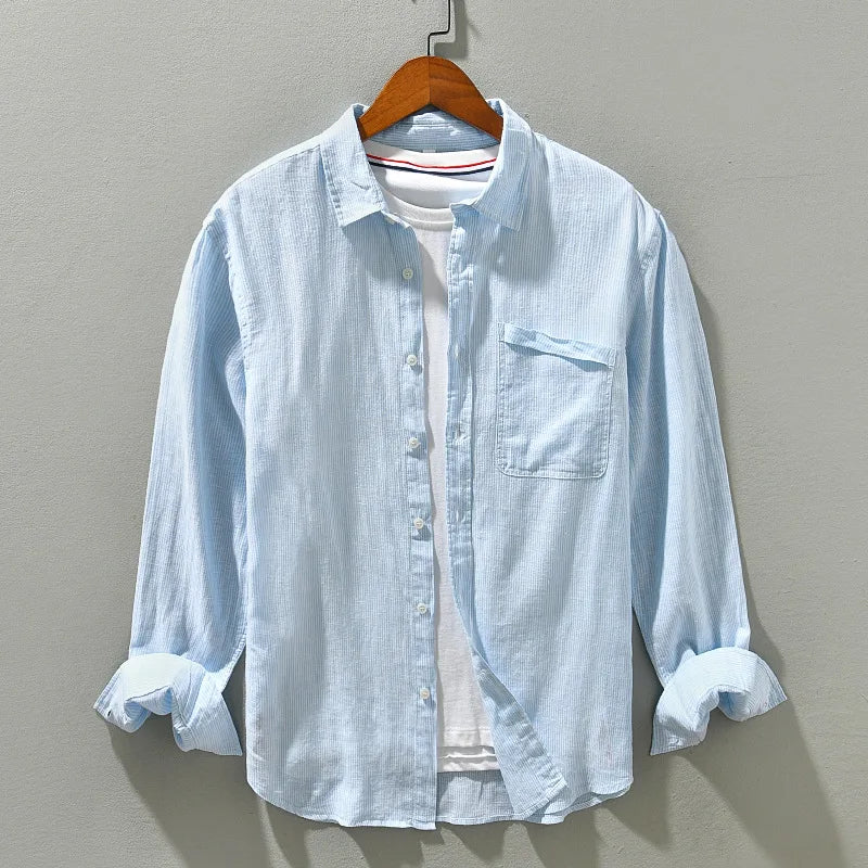 Linen Striped Shirt Men Spring Fall Casual Loose Classical Teens Breathable Tops Male