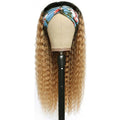 Blonde wig on a mannequin head with a colorful headband against a white background, Obroi