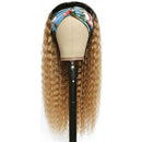 Blonde wig on a mannequin head with a colorful headband against a white background, Obroi