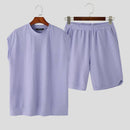 Knitted Texture Sleeveless Suits Solid Drop Shoulder Vests Shorts Two-piece