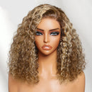 Lace Honey Blonde Highlights Water Wave Curly Bob Wig 180% Density Pre Cut Pre Bleached Glueless Wig Human Hair