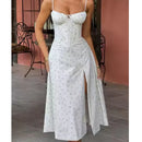 Summer Women French Style Cherry Sling Dress Sexy Hem Slit Female Cross Lacing Up Bandage Back Midi Robe Holiday