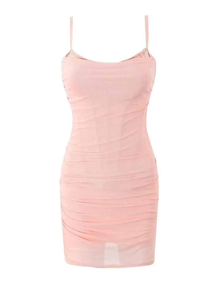Women Sweet Pink Mesh Strap Mini Dress French Square Collar Sexy Slim Backless Chic Dresses