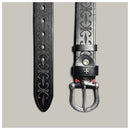 Black leather belt with intricate designs on a gray background, Obroi