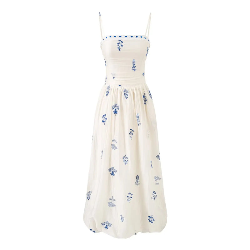 Obroi White dress with blue floral pattern on a white background