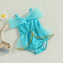 Summer Infant Baby Girls Casual Bodysuit Blue Short Sleeve Off Shoulder Tulle Jumpsuit Clothes