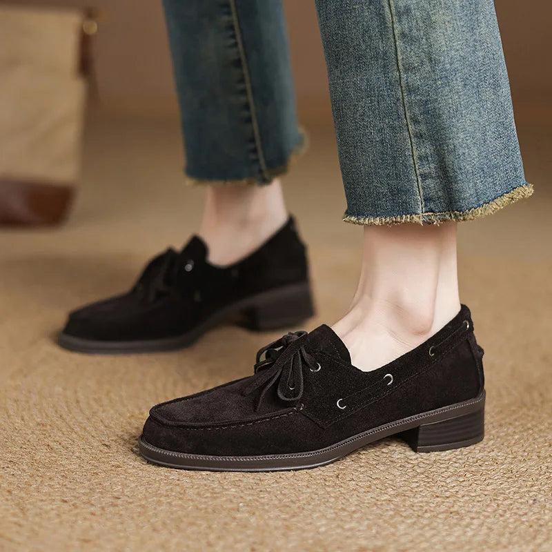 Women retro round toe oxfords 3.5cm mid heels black pumps