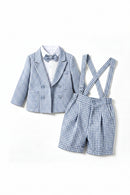 Toddler Baby Boy 3-Pcs Checked Formal Suit Set with Blazer Suspender Shorts Gentleman Outfit