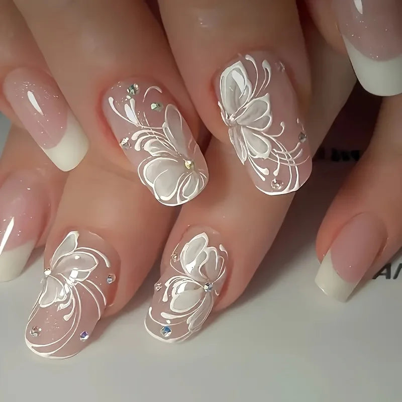 24pcs White Red Cherry Press on Nails Art with Charms Fake Nails Short Cute False Stick-on Nails