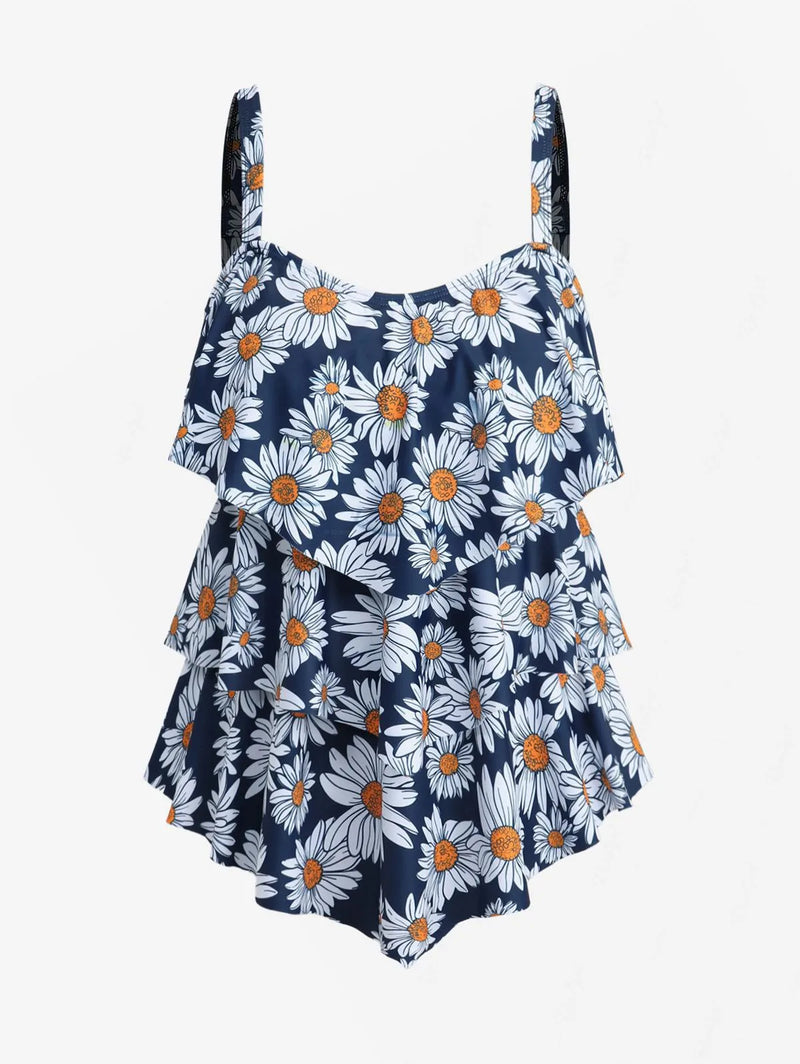 Rosegal Women Flower Layered Boyshorts Tankini Swimsuit
