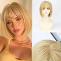 Blonde bob wig with straight bangs, shown on a model, on a mannequin bust, and from a top-down view showing the part, with a comb visible in one panel, Obroi