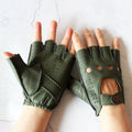 Green leather gloves with fingerless design on a light gray background, Obroi