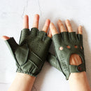 Green leather gloves with fingerless design on a light gray background, Obroi