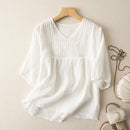 Women's Shirts Summer Loose Top V-neck Ladies Clothing Linen Blouses