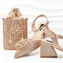 Rose gold glittery shoes and handbag with decorative elements on a white background, featuring 'Obroi' brand.