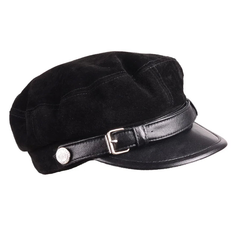 Leather Hats For Men Women Winter Vintage Thin Black Motorcycle Berets Cap With Belt Male Student Cadet