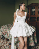 Elegant Two Wide Straps V-neck Short/Mini Satin Wedding Dresses Custom Made Bridal Grown