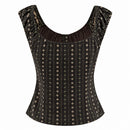 Summer Women Plaid Square Neck Crop Top Ruched Shoulder Drawstring Button Slim Summer Blouse