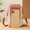 Phone case with woven design and brown leather straps on a light surface, Obroi