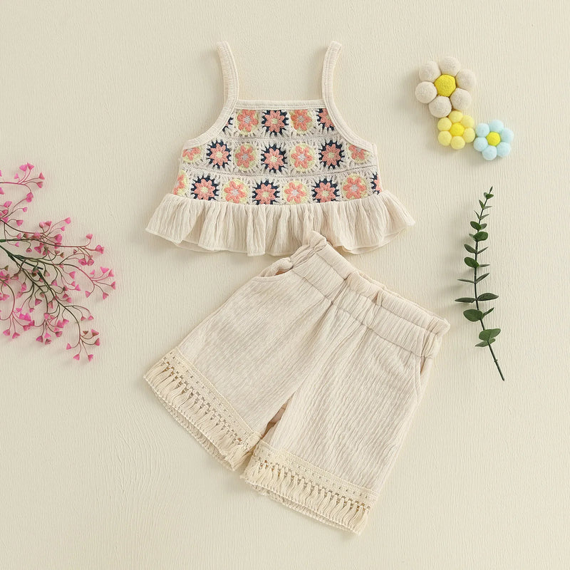 Children Girls Summer Clothing Set Toddler Two Pieces Outfits Set Floral Ruffled Sleeveless Tank Tops Tassel Shorts Set