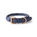 Navy braided leather dog collar with gold buckle on a white background, Obroi