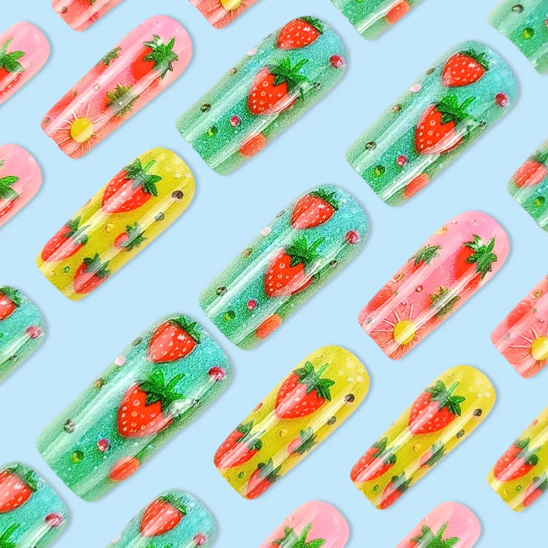 24pcs Summer False Nails Sweet Strawberry Fruit Nails Tips Wearable Detachable Press on Nails