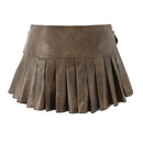 Retro belt buckle pleated skirt low waist leather short skirt