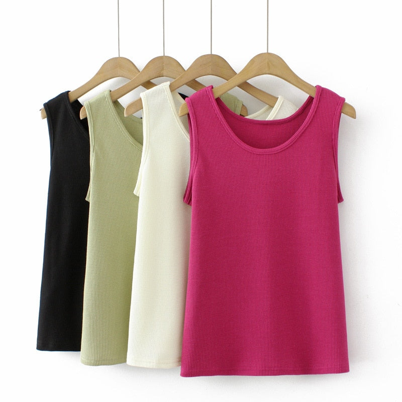 Women Spring Summer Waffle O-Neck Sleeveless Bottoming Vest Oversize Curve Clothes