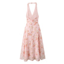 Backless Floral Halter Holiday Dress Elegant Women Midi Summer Party Dresses Beautiful  Robe